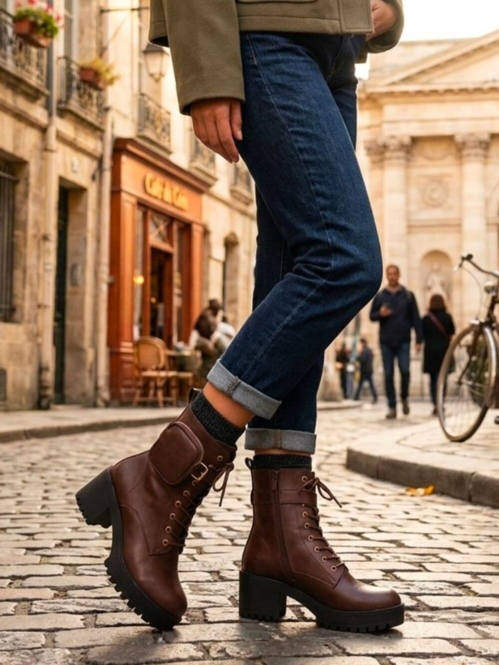 Brown Combat Boots With Chunky Heel & Detachable Side Pouches